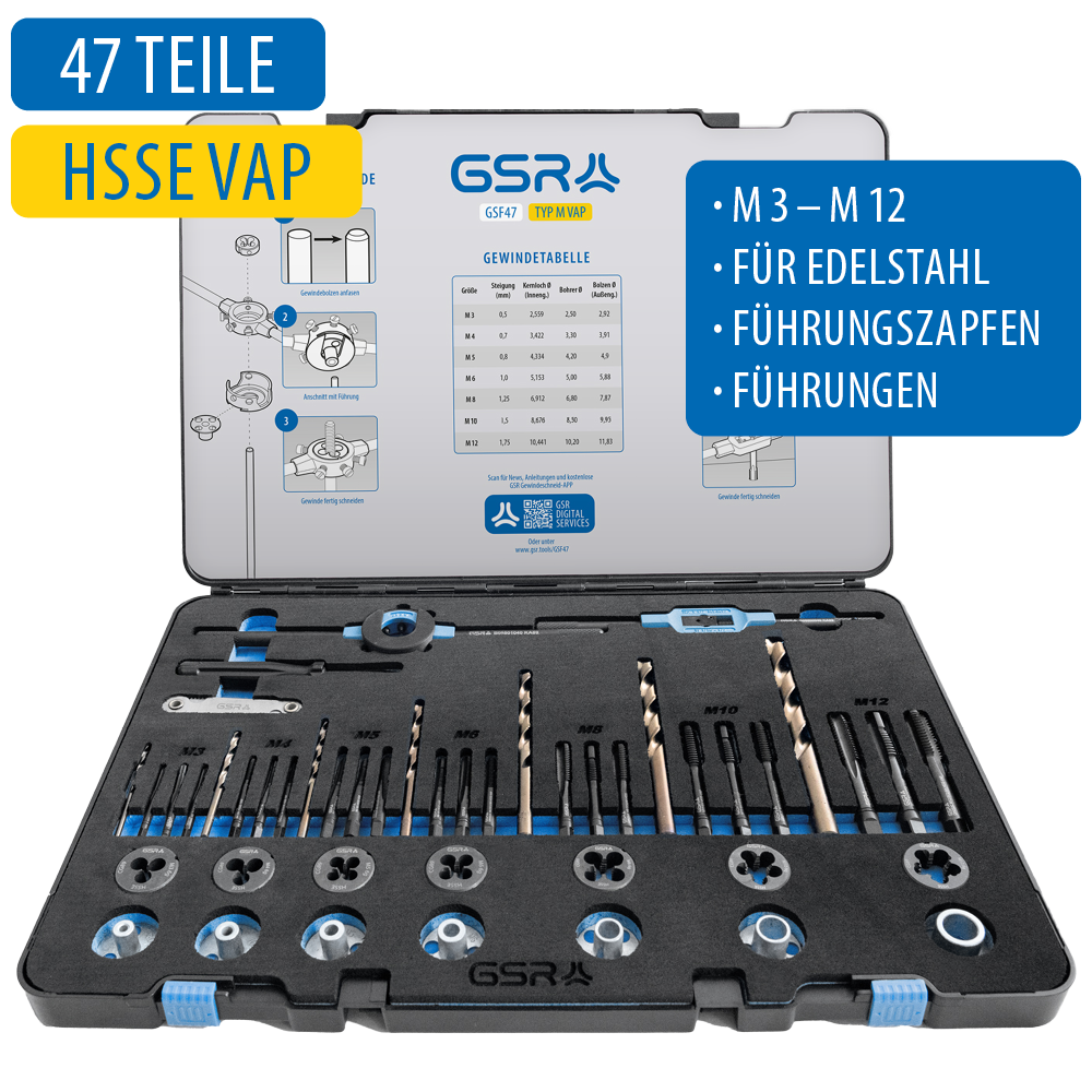 Gewindeschneid-Set HSS-E VAP M3–M12 mit Führungen und Spiralbohrern, 47-tlg.