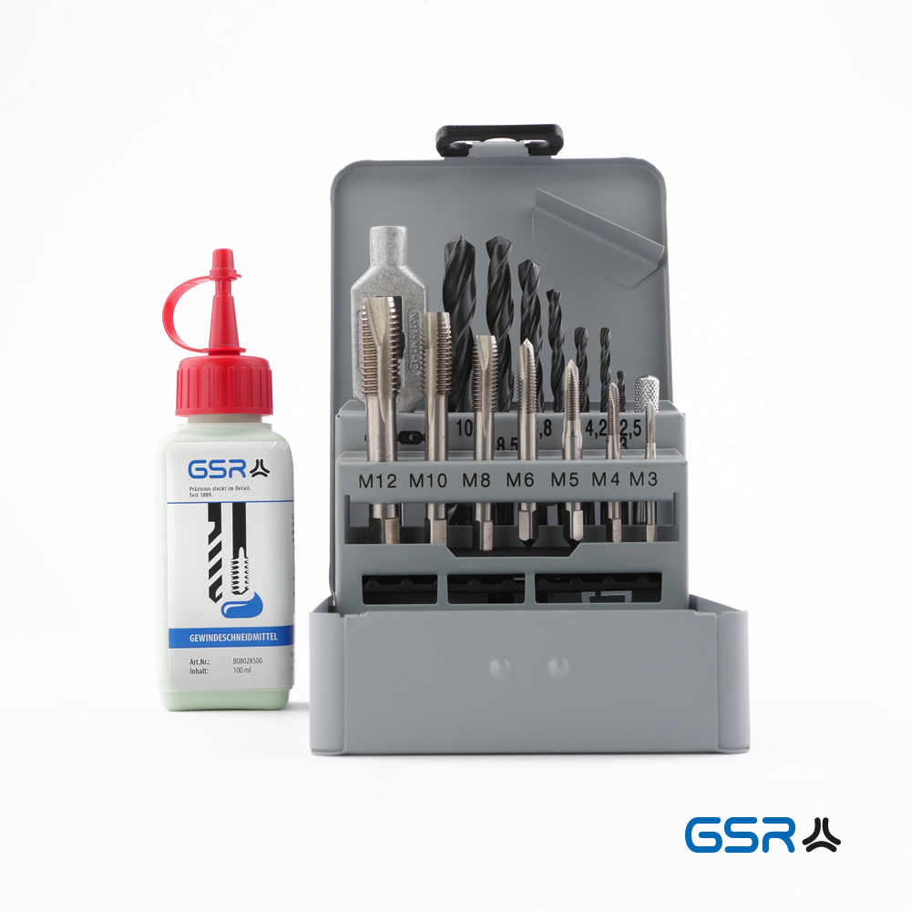 Einschnitt-Gewindebohrer-Satz HSS M3–M12, 15-tlg. inkl. Gewindeschneidmittel 100 ml